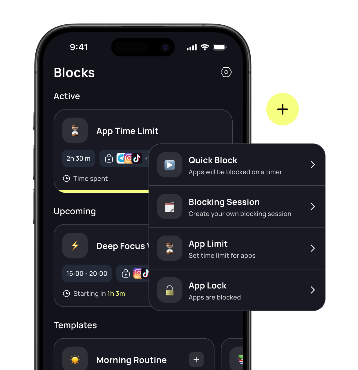 Quick block, scheduled sessions, app locks, and daily app limits